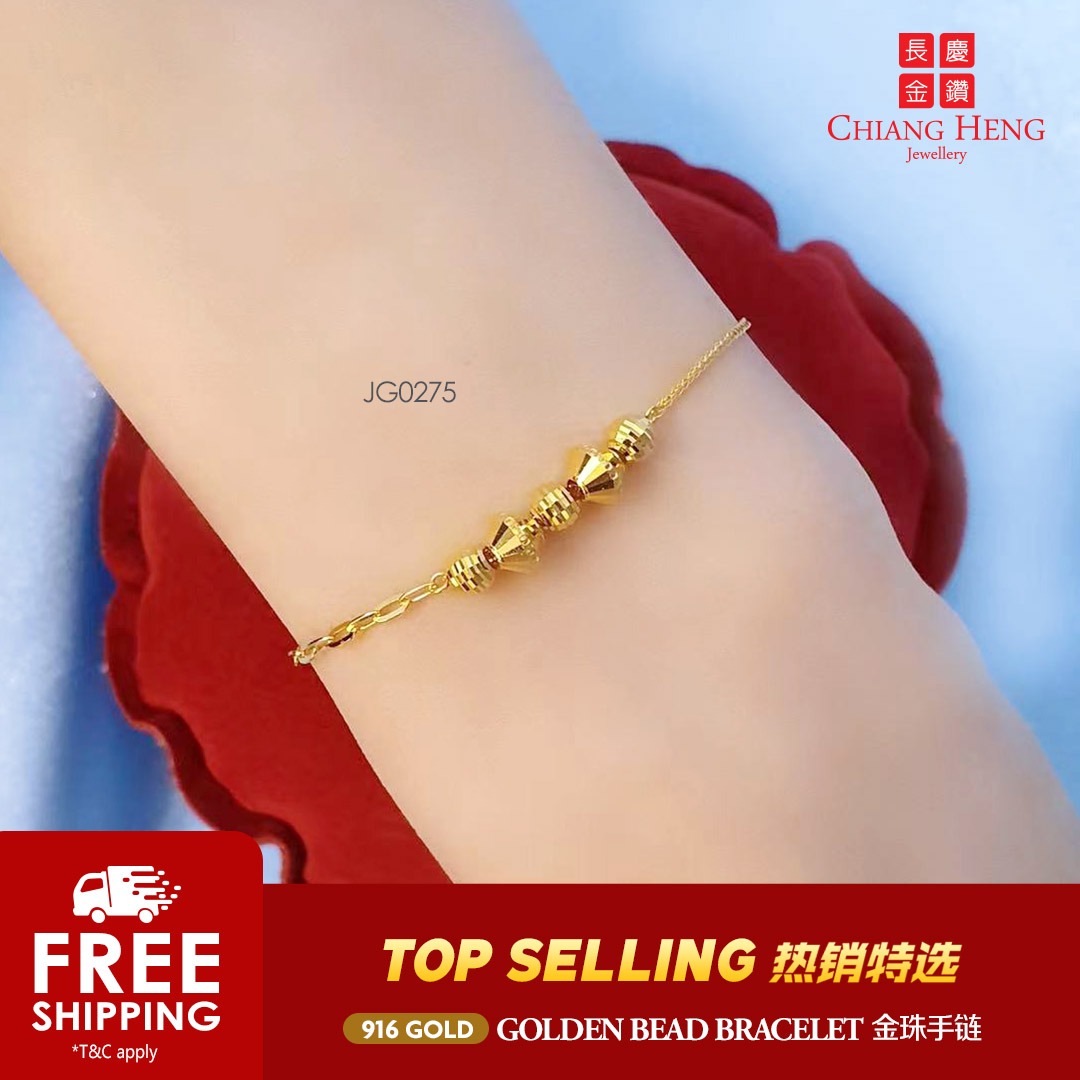 22K/ 916 Yellow Gold Heart Shaped Charms with Moon Cut Bead Bracelet – Far  East Jewellers